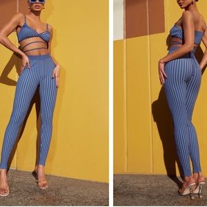 Blue Two Tone Rib Triangle Bralet And Legging Set Pretty Little Thing